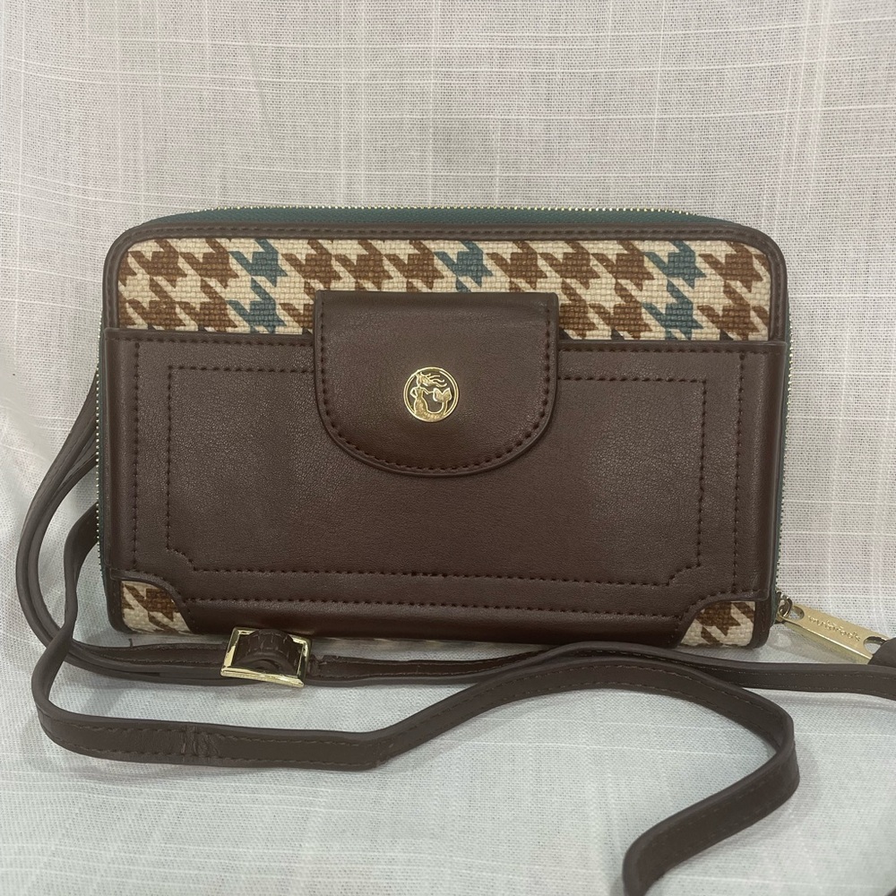 Spartina mini handbag crossbody leather linen wallet green brown houndstooth - Picture 2 of 14